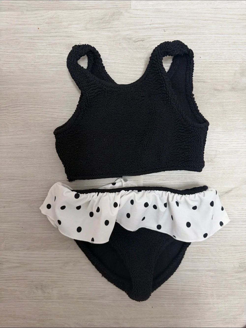 Girls Black Two-Piece Bikini with Polka Dot Ruffle